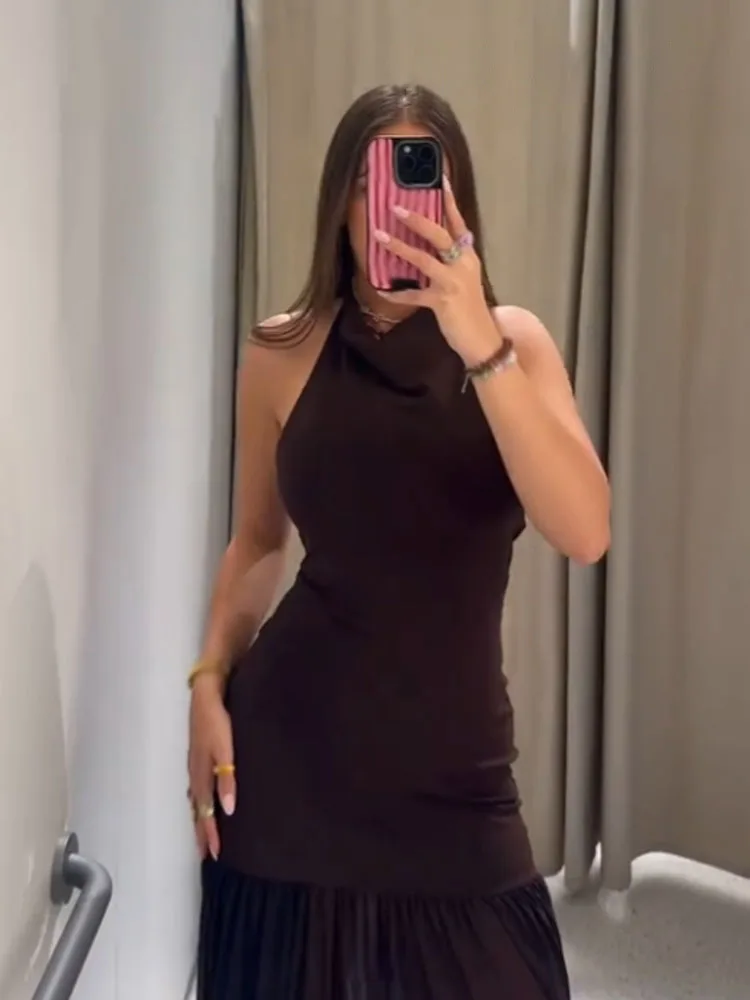 HH dames nieuwe mode zomer mouwloze jurk effen swingende kraag backless decoratie knop vrouwelijke sexy slanke lange jurk