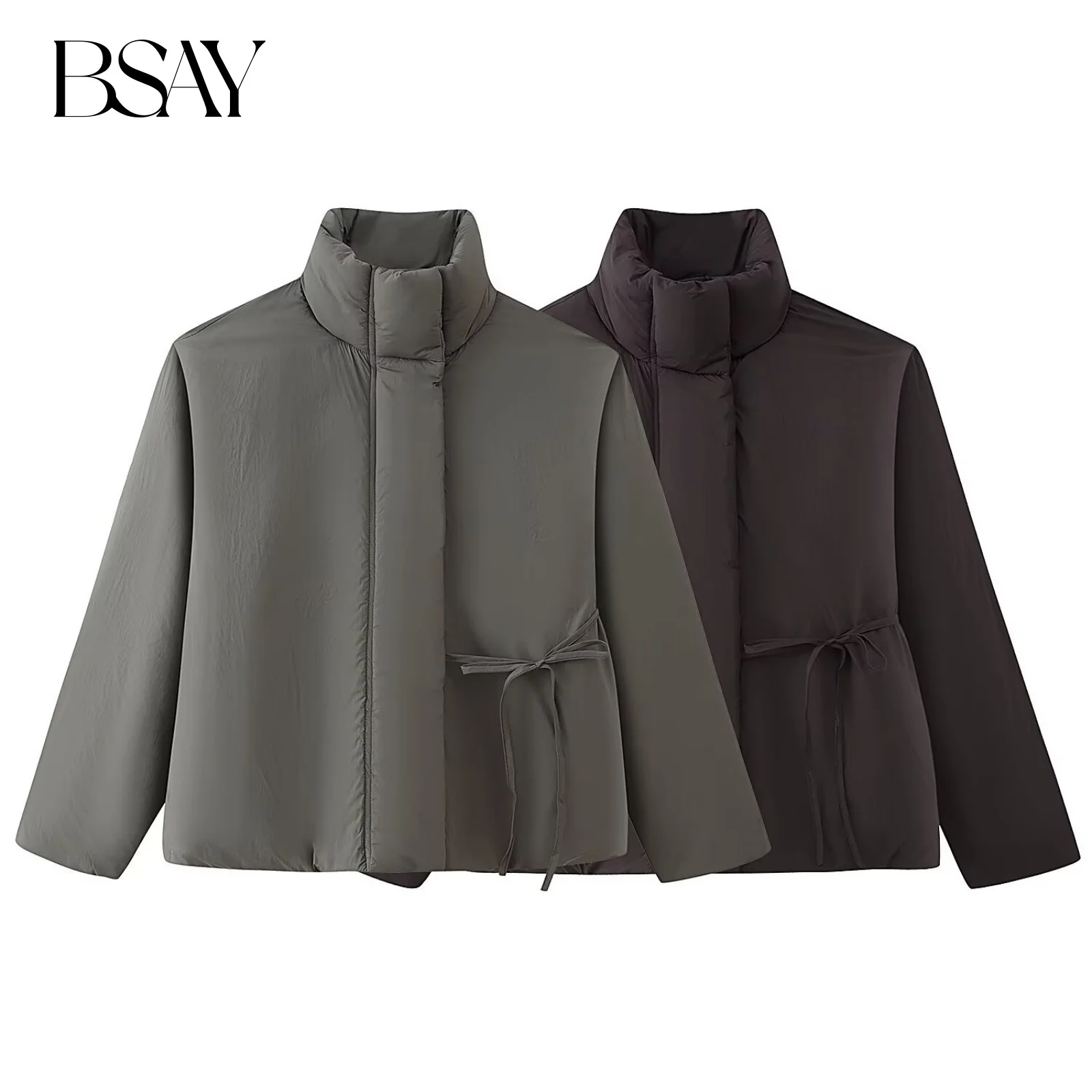 

BSAY Loose Lace Up Cotton Jacket for Women Fashion Autumn Winter New Long Sleeved Stand Short Coats Chic Ladies Tops Mujer