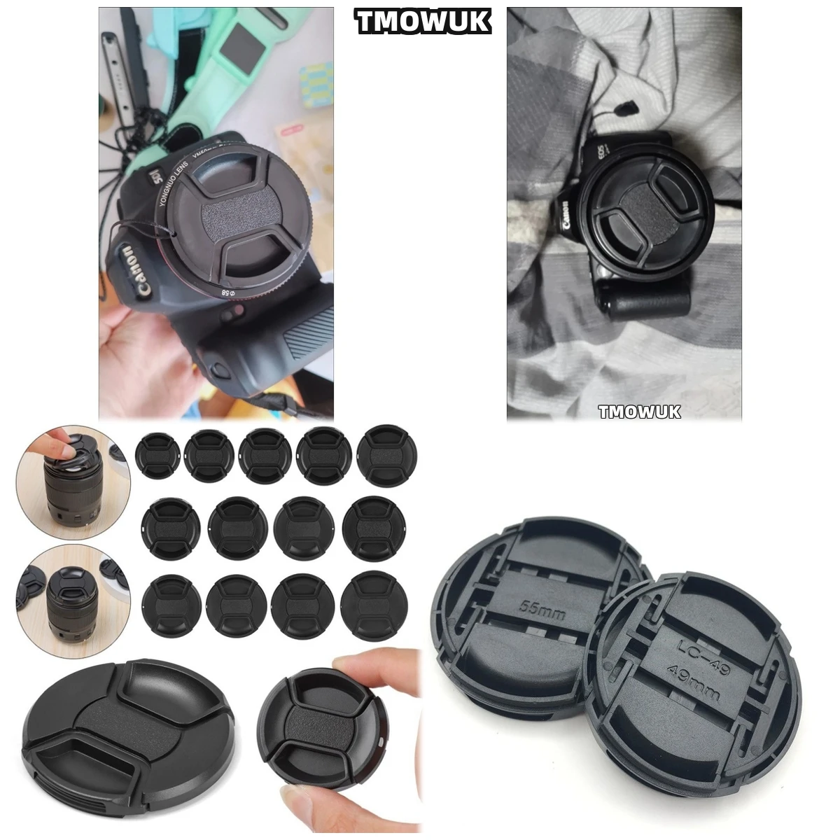 

For Canon EOS R50 V 1D X Mark III 50D 850D 200D M3 Rebel T7 650D Camera Lens Cap Protective Cover Center Pinch Snap-on 49mm 52 5