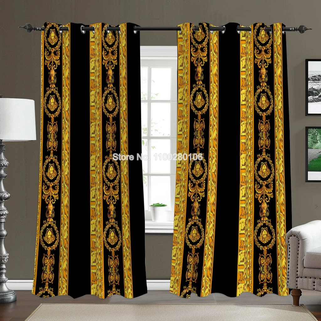 Golden Luxury Abstract Baroque Print Polyester Curtains for Bedroom Office Kitchen Living Room Window Treatment Home Decor