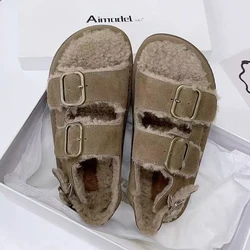 Fur Women Autumn Sandals Flats Casual Cotton Shoes 2024 Designer New Trend Dress Shoes Walking Outdoor Fashion Women Flip Flosp