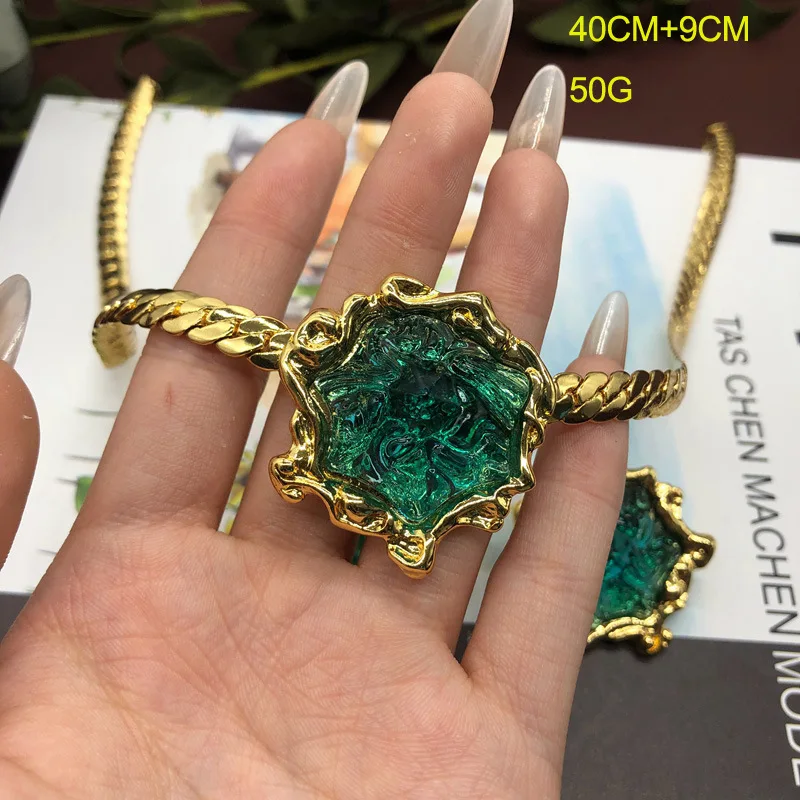 Middle Ages Vintage Jewelry Set Luxury Green Color Stone Gold Plated Chain Necklace Earring Party Accessory