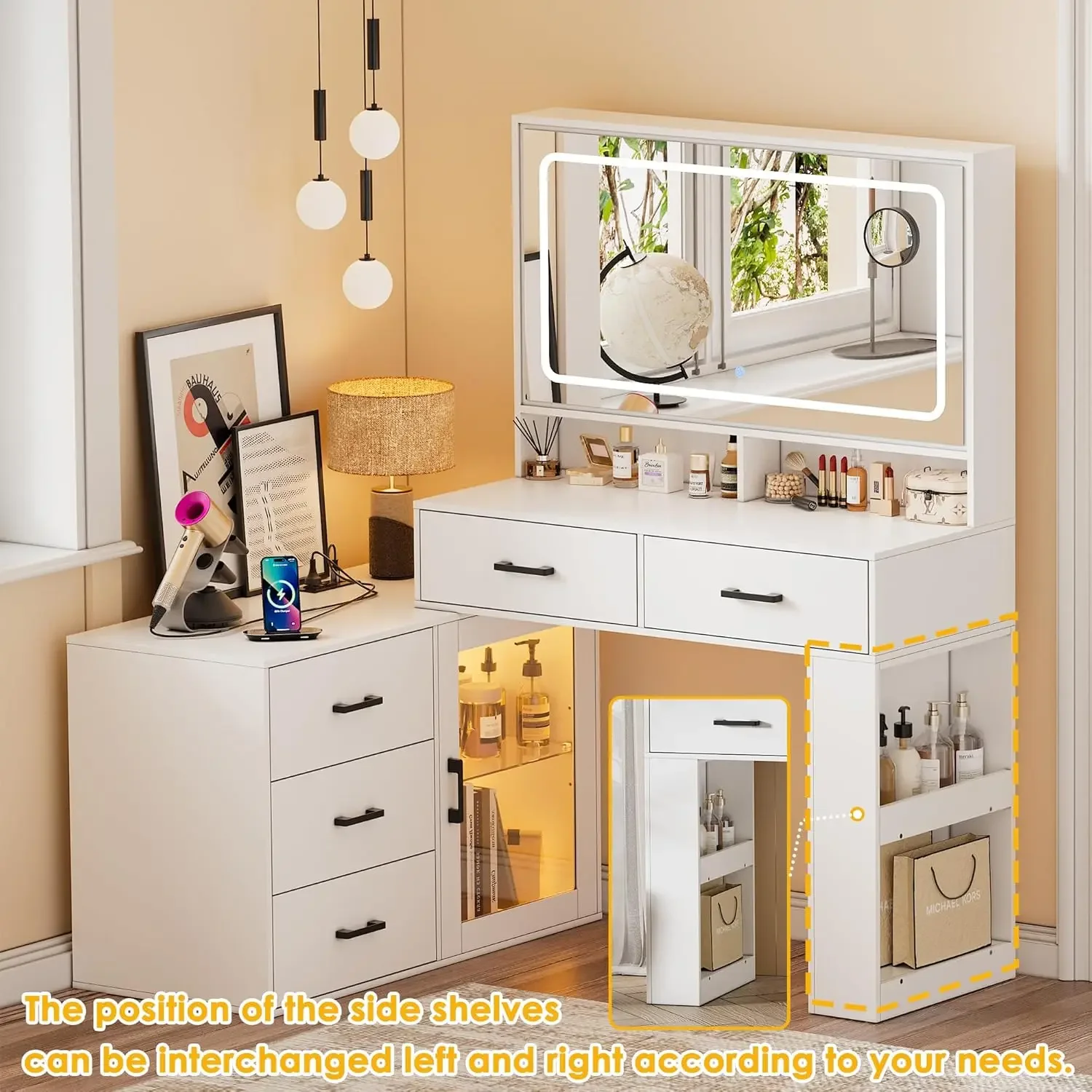 PAKASEPT White Makeup Vanity Desk with Mirror and Lights & Charging Station, 3 Color Modes & Adjustable Brightness Dressing Tabl