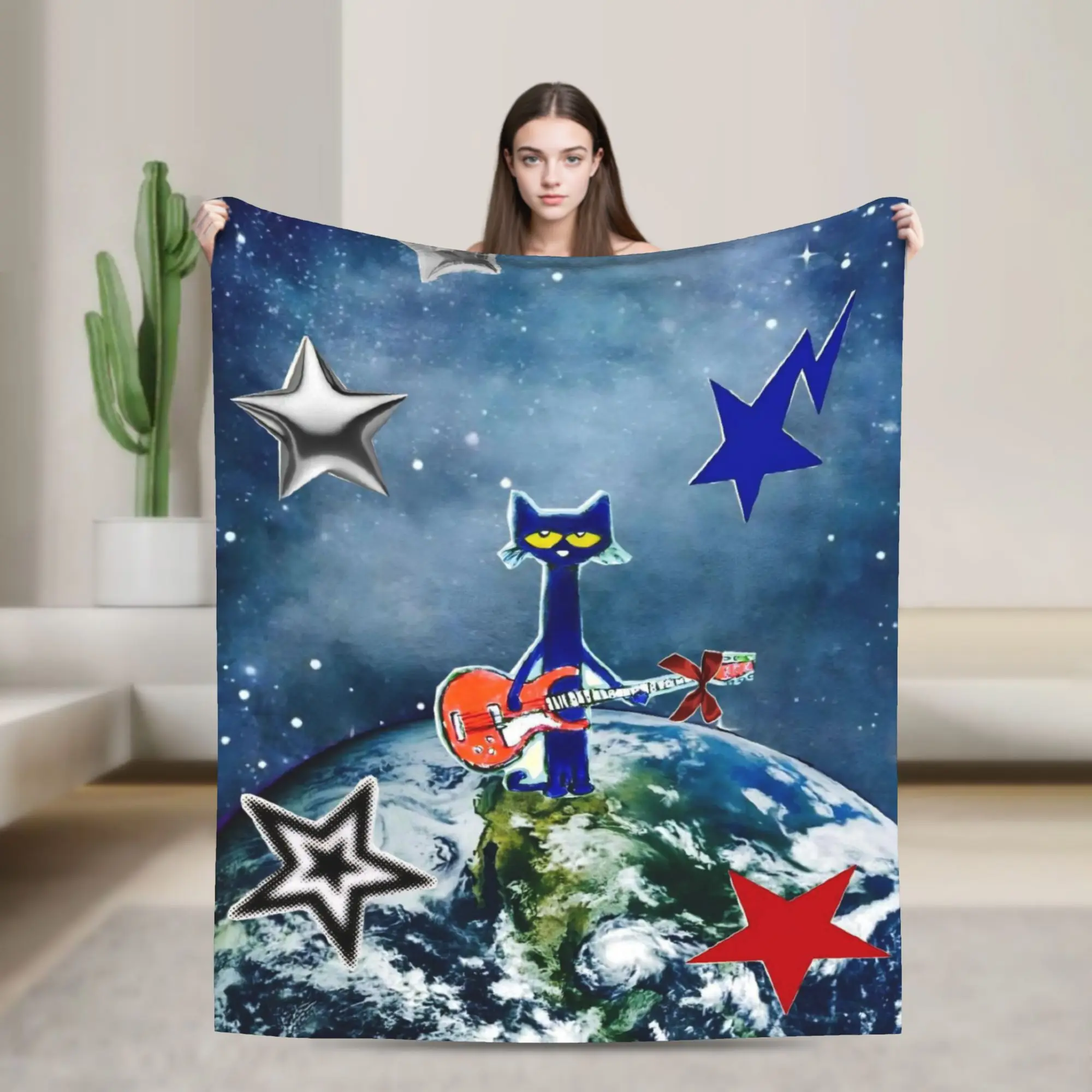 Pete The Cat Earth Space Guitar Fleece Throw Blankets  Blanket for Sofa Bedroom Super Soft Bedding Throws