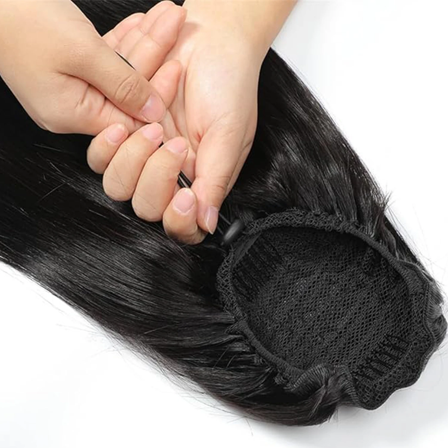 ผมหางม้าขยายผมมนุษย์ต่อผมหางม้าตรง Drawstring ผมหางม้าธรรมชาติบราซิลผมคลิปชิ้นสําหรับผู้หญิง