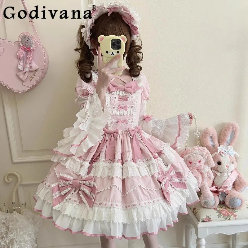 

Pink Ballet Style Vintage Lolita Dress Women's Elegant Cute Lace Flutter Sleeve Dress Female Japanese Princess Lolita Dress