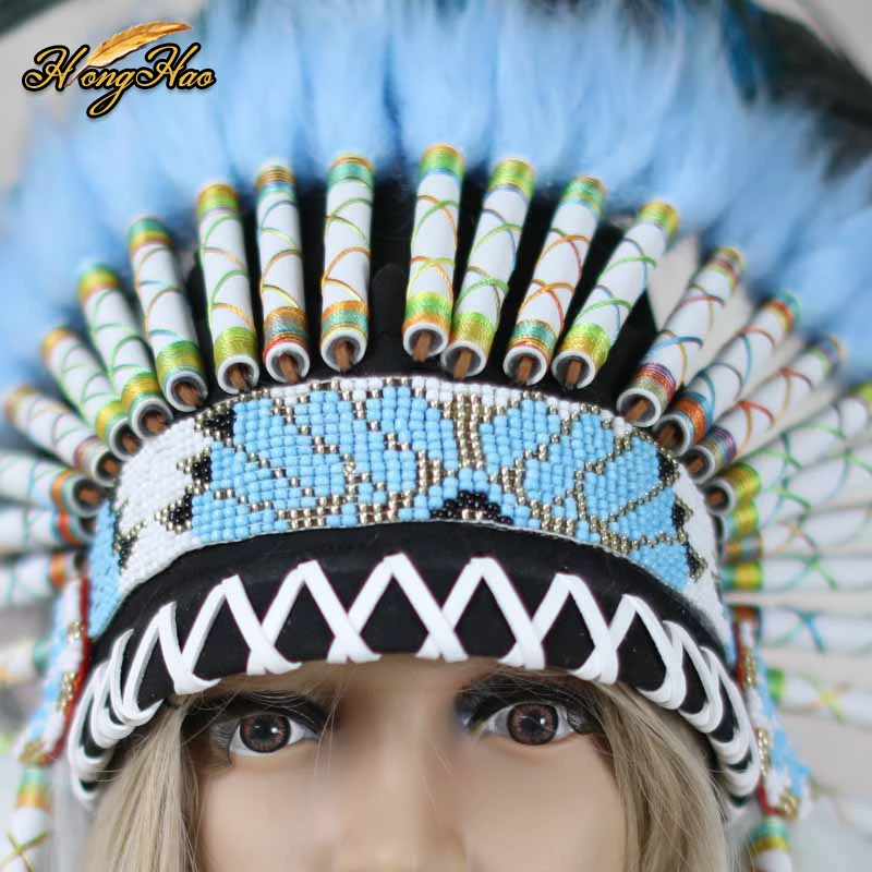 Customized Handmade Big Indian Feather Headdress Replica Made Headpiece Lake Blue Costumes Halloween Party Costume Cosplay