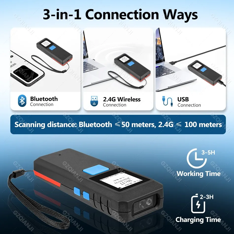 Imagem -03 - Mini Barcode Scanner Portátil sem Fio em Leitor rq Scan Machine para Loja de Varejo Logística 1d 2d Bluetooth Usb 2.4g