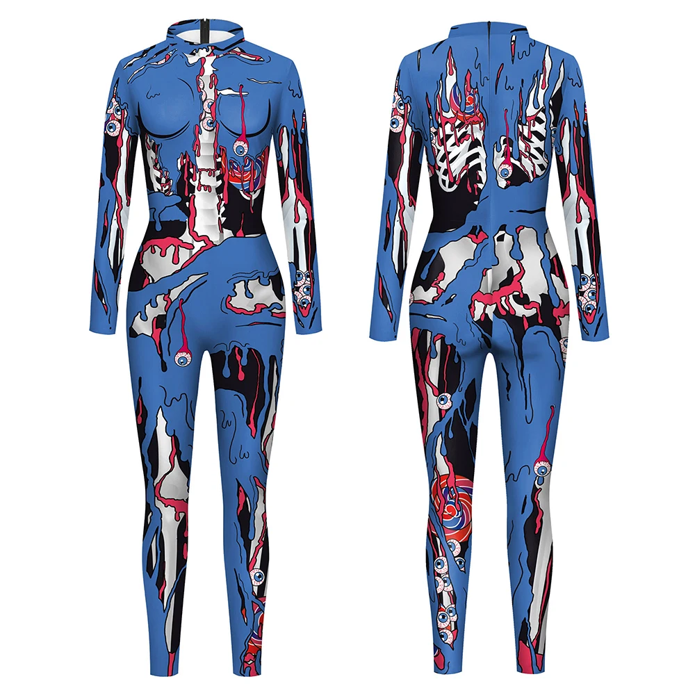 Fancy Oog Patroon Jumpsuit Volwassen Lange Mouw Rits Bodysuit Grappig Halloween Feest Cosplay Kostuum Carnaval Skinny Catsuit