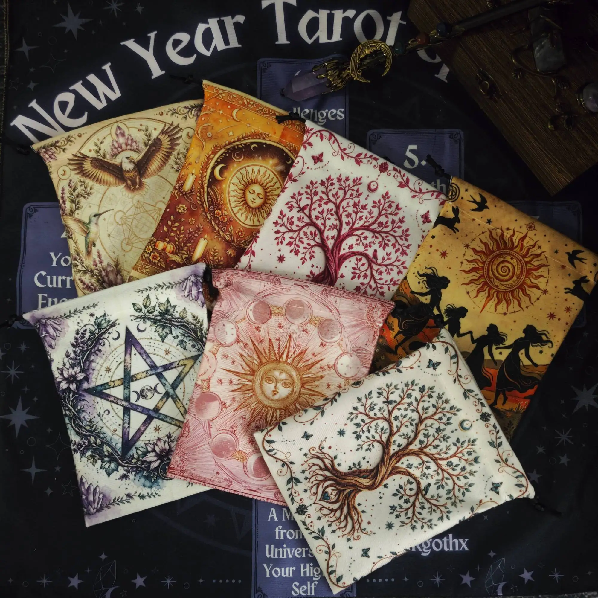 Tarot Altar Cloth with Pouch Witch Divination Moon Phase Pentagram Sun Witchcraft Tablecloth Wiccan Astrological Tapestry Set