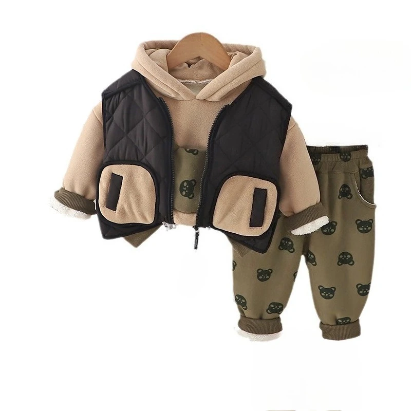 

New Winter Baby Clothes Suit Children Boys Thick Warm Vest Hoodies Pants 3Pcs/Sets Kids Girls Clothing Infant Cartoon Costume