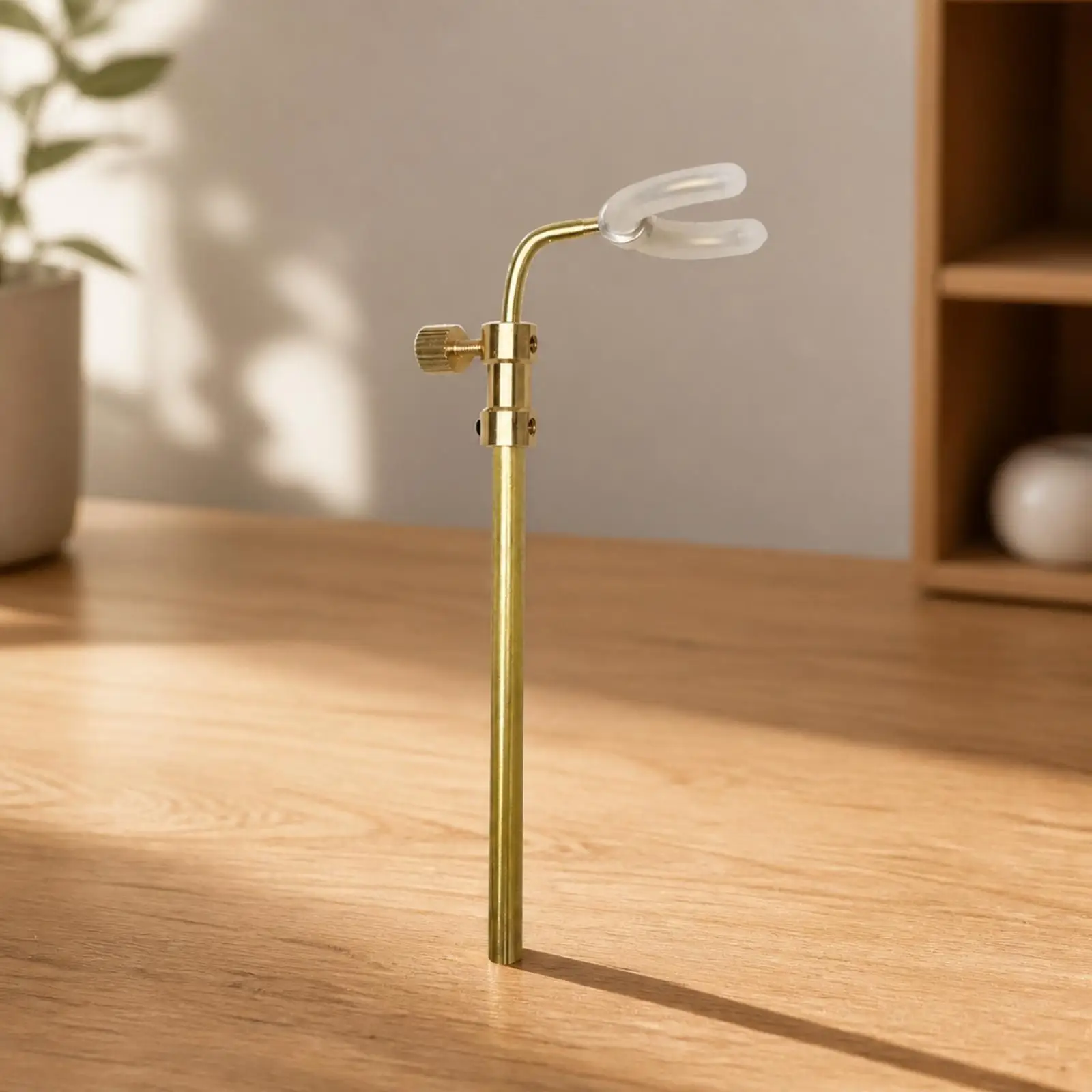 Wood Base Display Stand with Adjustable Clamp Compact Brass Metal Support Figurine Holder Space-Saving Desktop Display Stand for