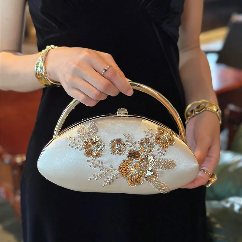 2026 Fashion Handmade Sequins Women Evening Clutch Bag Elegant Embroidery Floral Top Handle Handbag Wedding Party Crossbody Bag