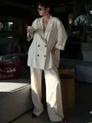 HH 2024 Female Trendy Commuting Cozy Suit Set Lapel Long Sleeves Wrinkle Effect Double Breasted Coat+Solid Wide Leg Pants