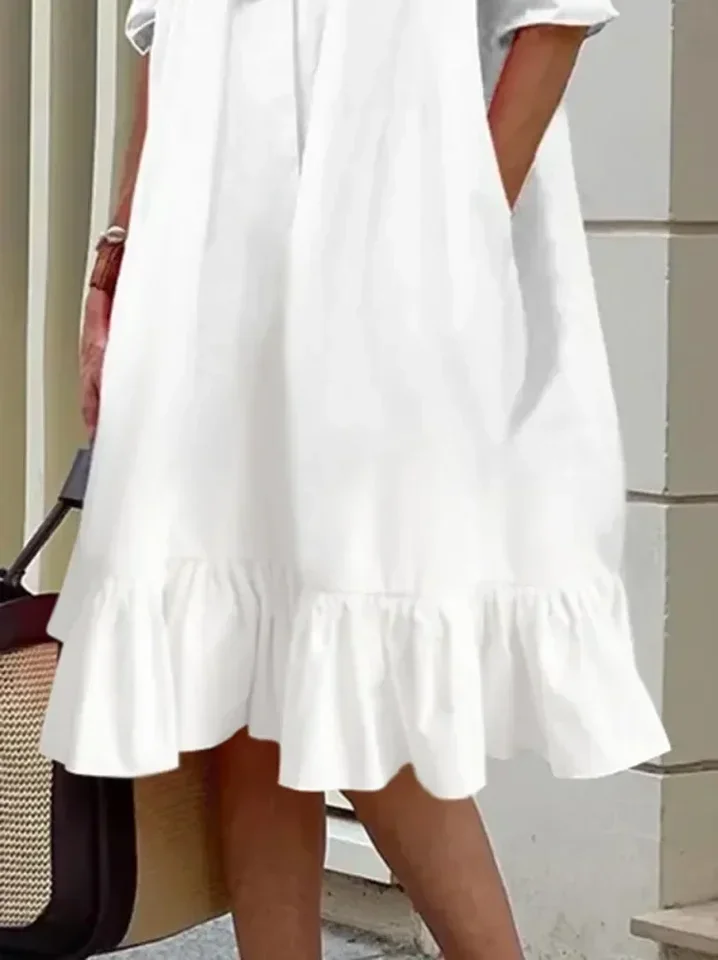 فستان قميص نسائي ربيعي جديد بأكمام طويلة بلون سادة ومكشكش وفضفاض غير رسمي فساتين متوسطة الطول #3