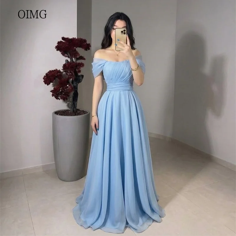 

OIMG Classic Sky Blue Off The Shoulder A Line Prom Gowns Maxi Chiffon Pleated Party Gown Floor Length Evening Dress Customized