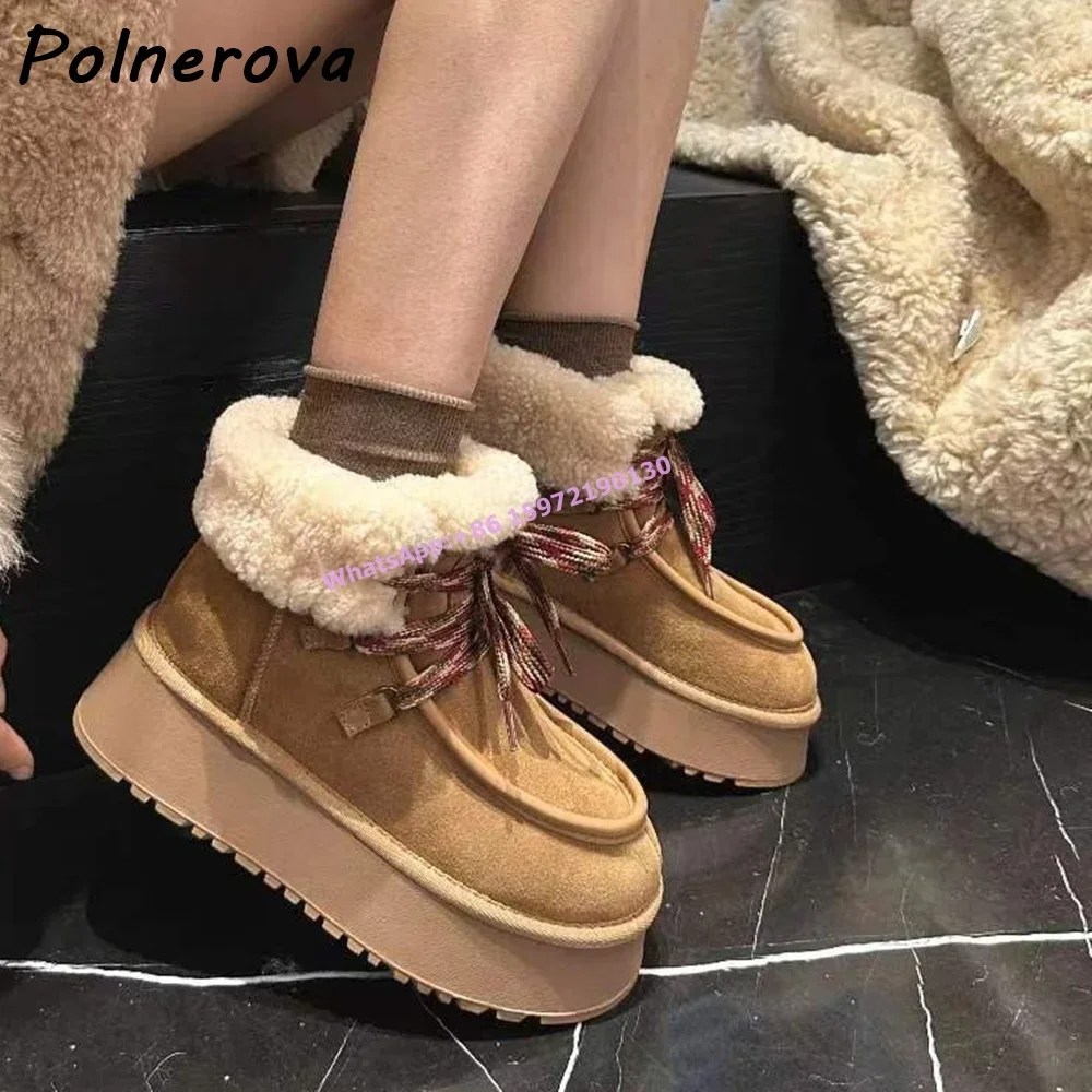 

Furry Snow Ankle Boots Genuine Leather Soft Round Toe Thick Soled Lace Up Mixed Color Brown Boots Thick Plush Warm Winter Shoes