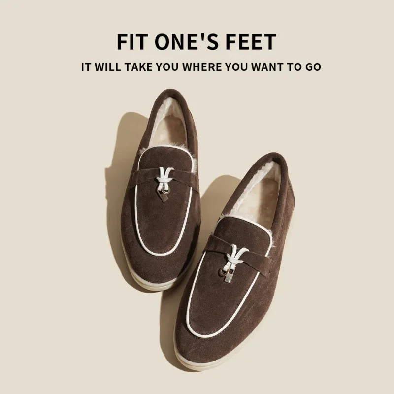 New Fleece Lined Genuine Leather Slip-On Loafers Flat Bottom Casual Shoes Men's Comfortable Soft Sole round Toe Flat Heel