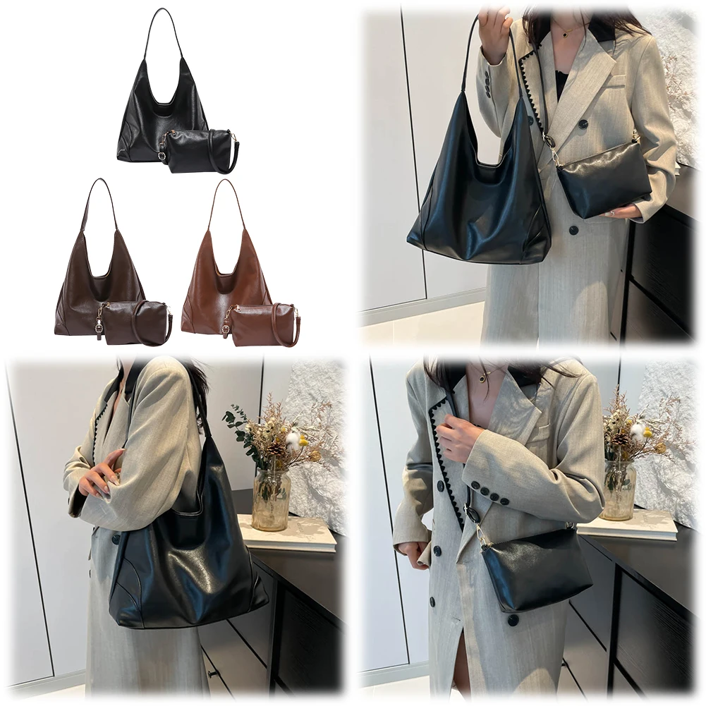 

2pcs Women PU Leather Slouchy Hobo Bag Adjustable Strap Shoulder Purse with Coin Purse Solid Hobo Bag for Work Travel