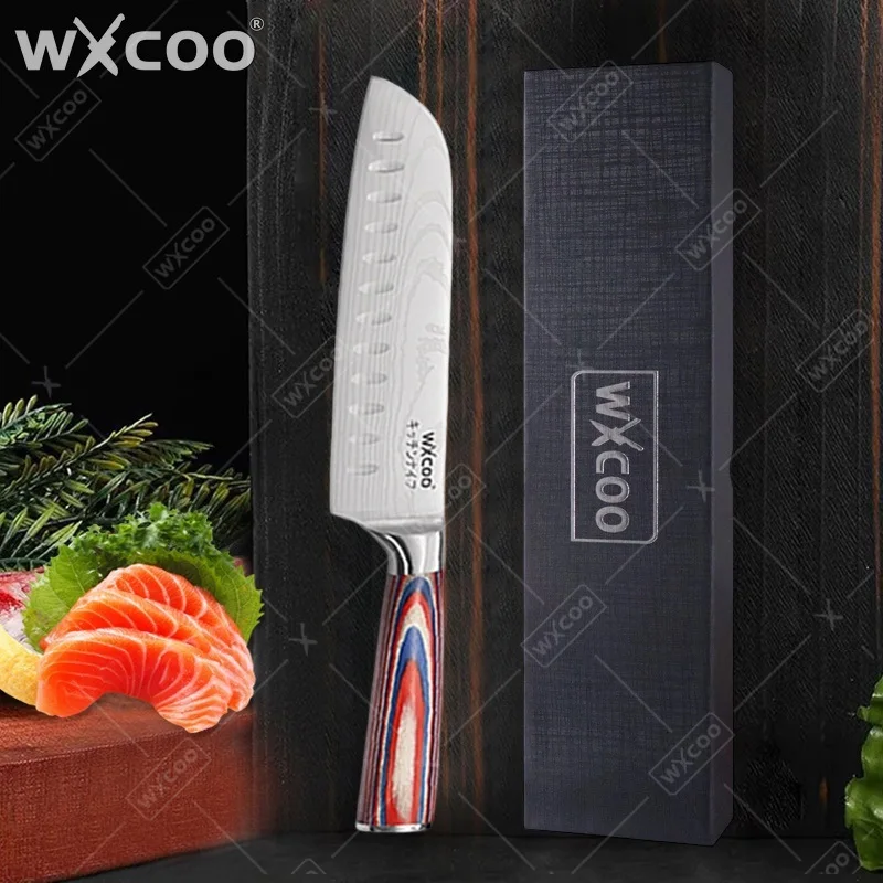 

Кухонные ножи из дамасской стали: нож для нарезки фруктов, тесак для мяса, японский нож Сантоку, нож шеф-повара из нержавеющей стали с подарочной коробкой