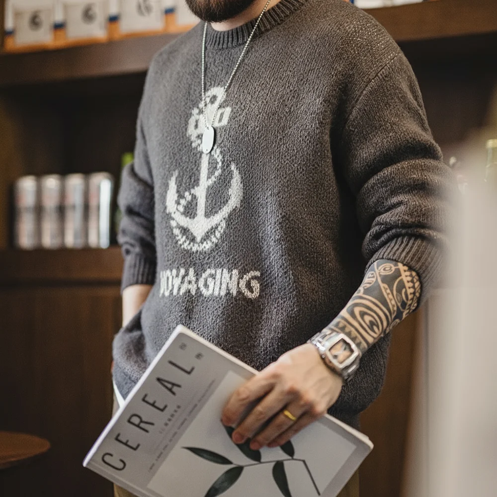 Maden-suéter estampado de punto Retro para hombre, jersey de cuello redondo acanalado cálido y versátil, Tops de capa Base de otoño e invierno