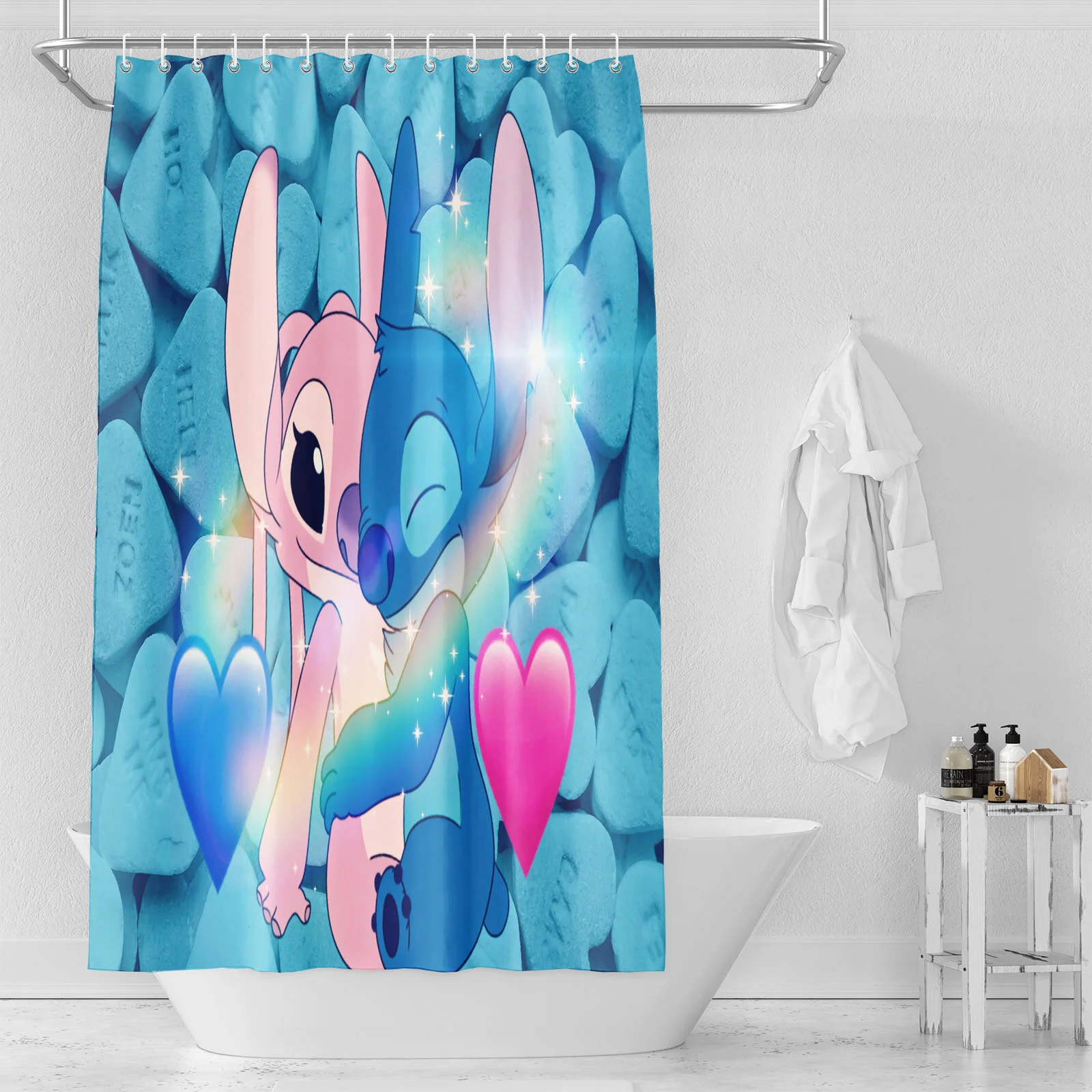 Stitch Toilet Accessories Bathroom Shower Curtain Waterproof Anime Home Curtains For Living Room Sets Luxury Full Set