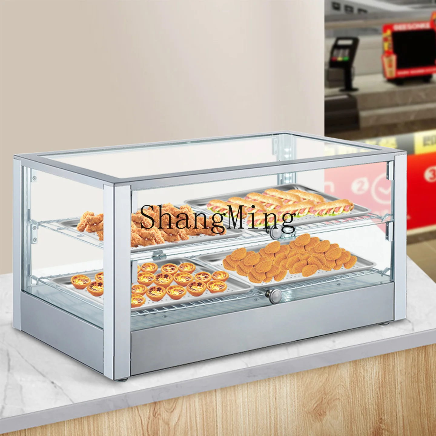 خزانة عازلة زجاجية صغيرة لسطح المكتب من SM، خزانة عرض منحنية من تورتة البيض والطعام المقلي