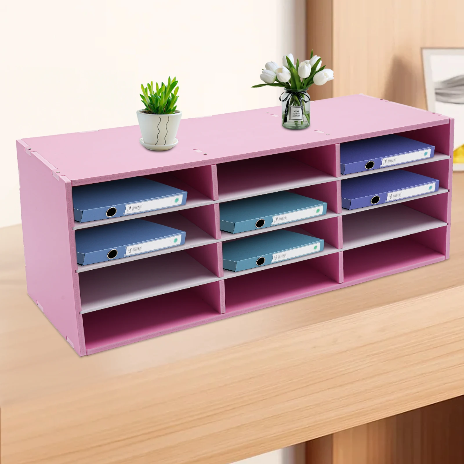 Pink 12-Slot Mail Sorter Organizer(Thickened Material&Rectangular Structure) - Stable Anti-Tipping&Top Platform, Stores Cables