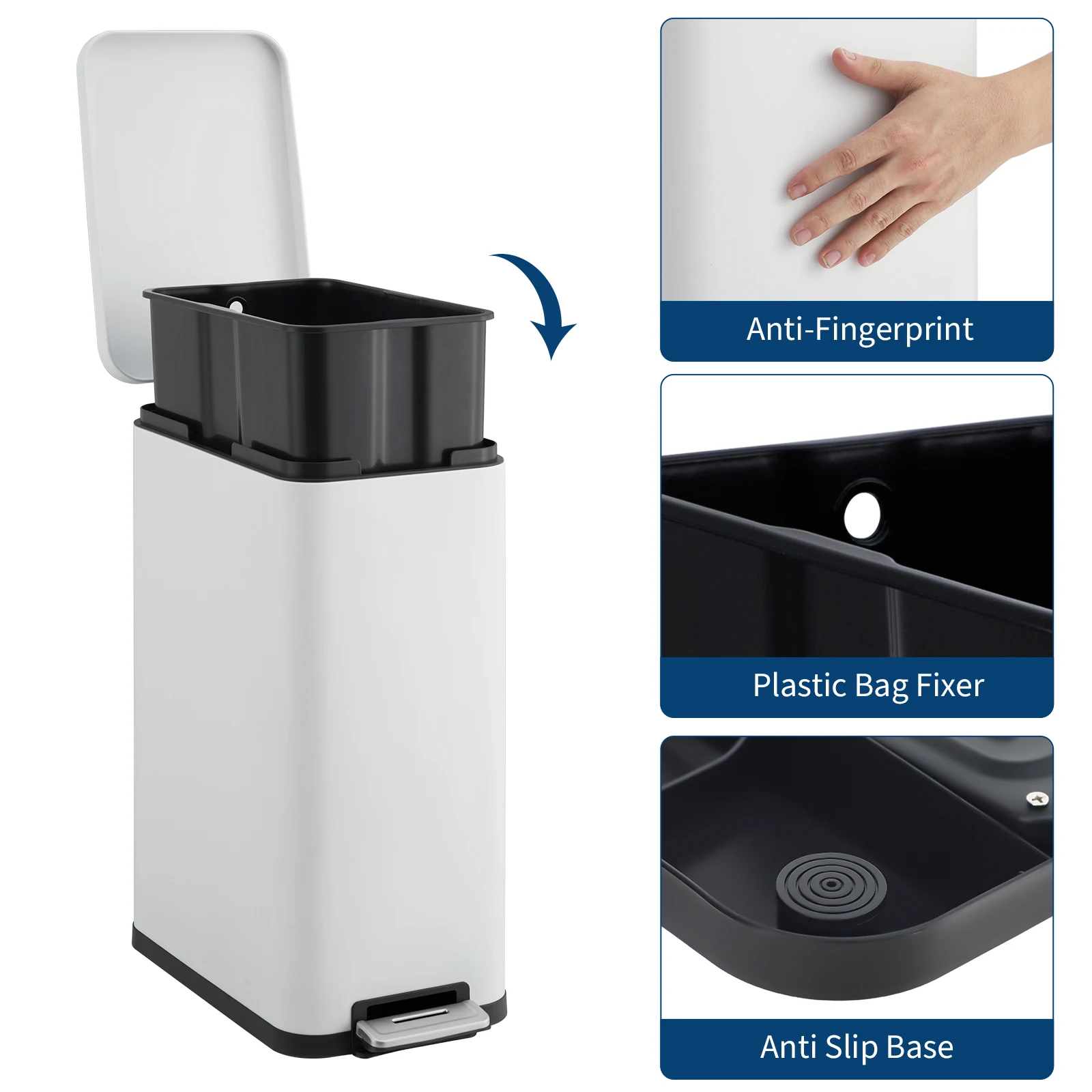13.2 Gallon/50 L Step Trash Can, Stainless Steel Rubbish Bin with Soft-Close Lid, Fingerprint Resistant Narrow Rectangle Garbage Can with Removable Inner Bucket for Kitchen, Dining Room, Silver/black/white