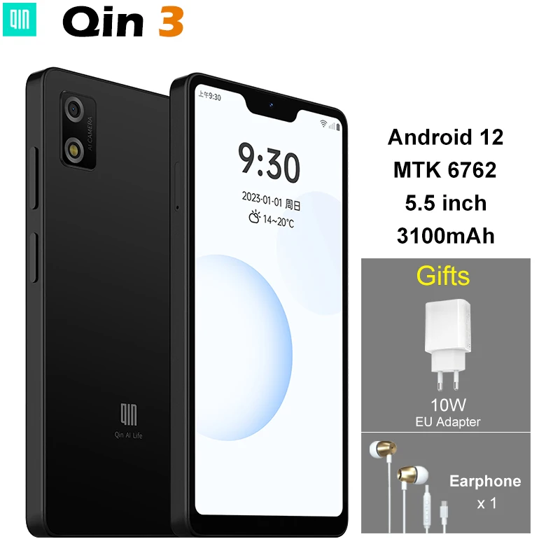 Qin 3 MTK 6762 Wifi 5.5Inch 4GB 64GB Bluetooth 5.2 Fingerprint Unlock Touch screen Android  3100mAh 720*1496P 8MP Smart Phone