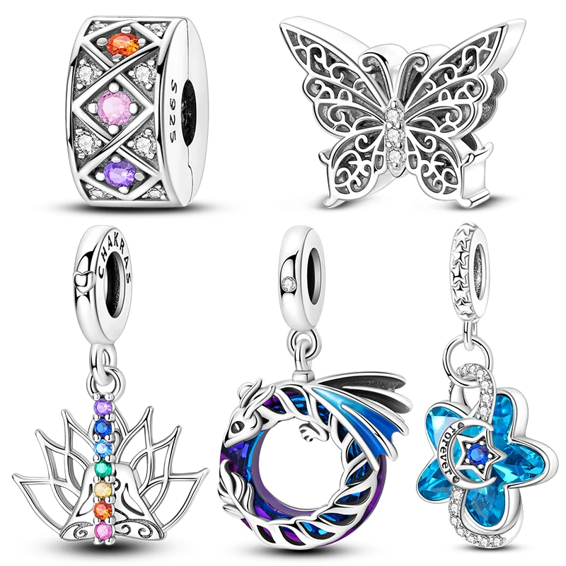 925 Sterling Silver Art Floral Butterfly Beaded Pendant for Pan Original Bracelet DIY Birthday Jewelry Gift