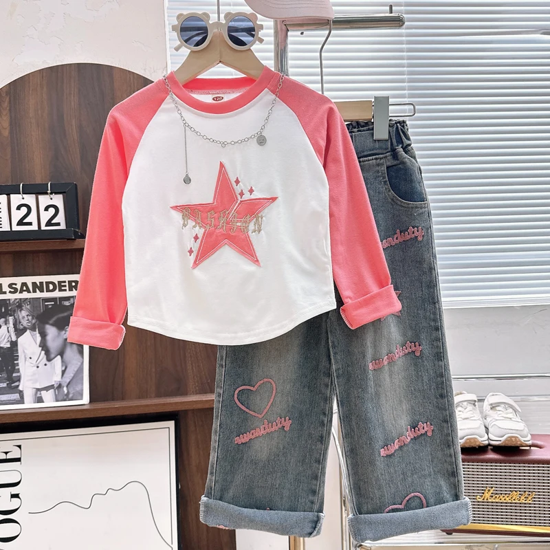 

2024 Autumn Spring Fashion Girls Clothing Set Star Pattern Long Sleeve Shirt+Letter Print Jeans 2Pcs For 2-10Y Casual Outfit