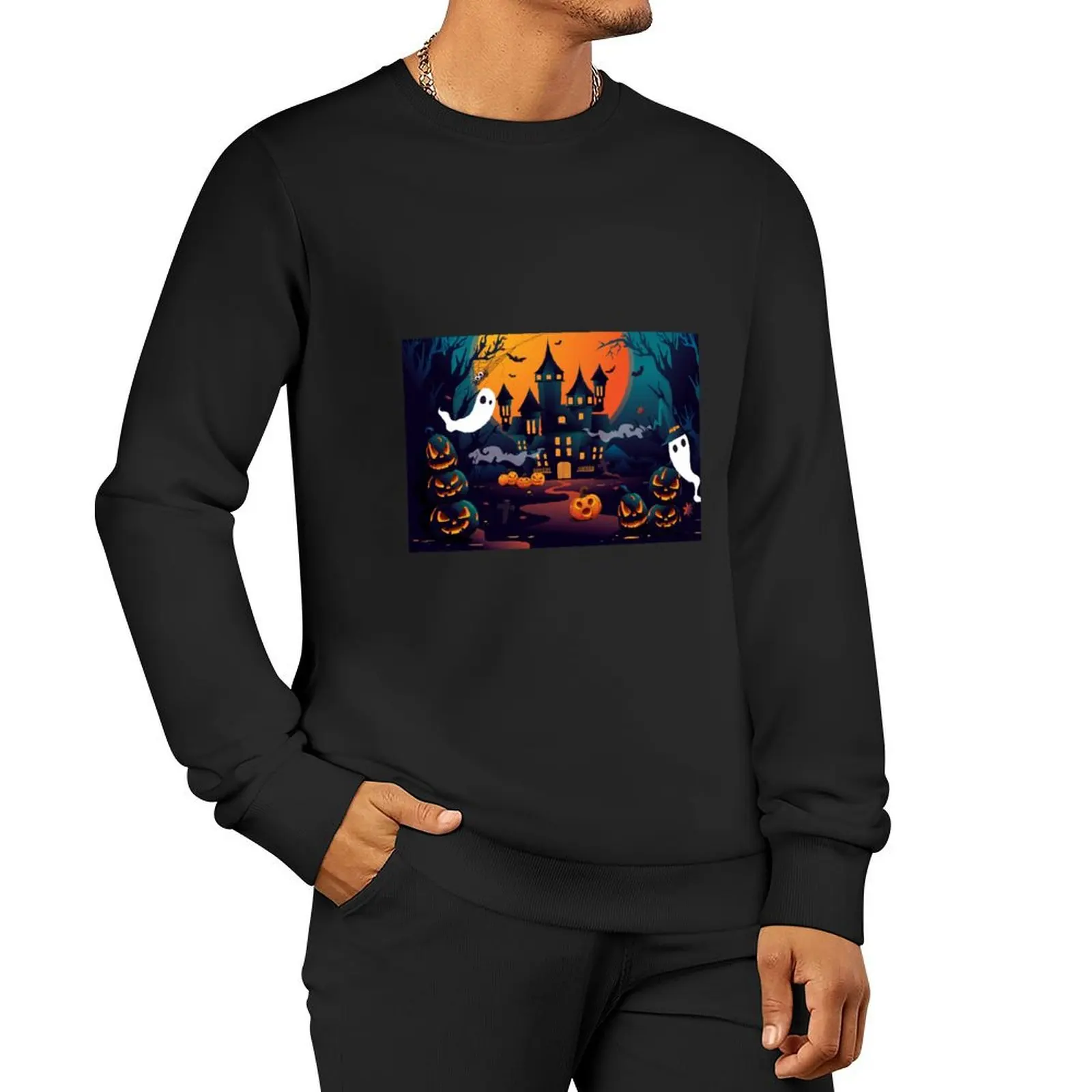 

Halloween Spooky Haunted House Pullover Hoodie mens clothing men's coat mens clothes oversize sweatshirts