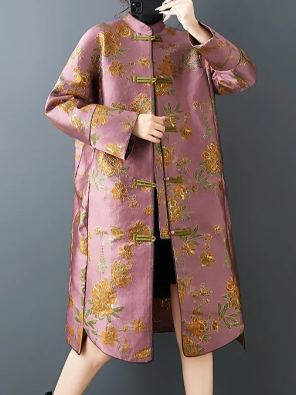 Spring New Style Luxury Chinese Weave Gold Double Layer Loose Fashionable Long Coat for Women Straight Sleeve Long Sleeve