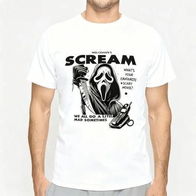 تي شيرت قطني عتيق للهاتف من Scream Ghostface، تي شيرت مطبوع عليه اقتباس فيلم رعب، قميص كلاسيكي بمروحة Slasher للرجال والنساء #2