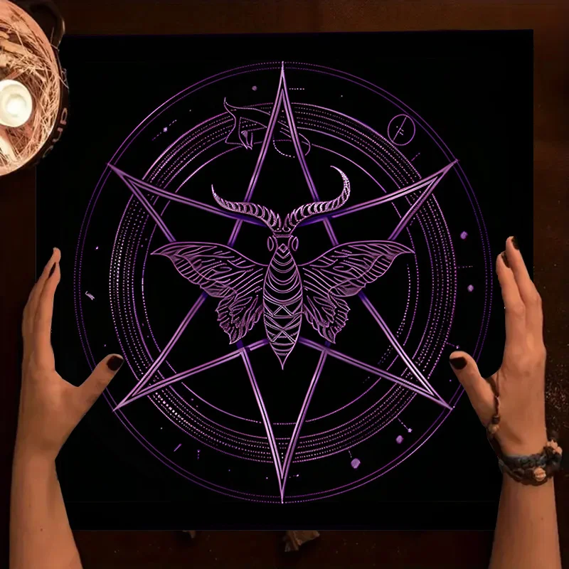 Mantel de Tarot con pentagrama místico, patrón de insectos morados para fiestas góticas, decoración ritual, poliéster duradero, eventos temáticos ocultos
