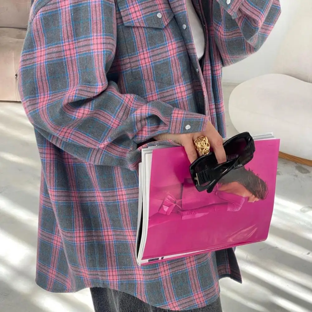 

Button-up Blouse Plaid Print Lapel Shirt with Flap Pockets for Women Long Sleeve Single Breasted Fit Shirt Comfortable