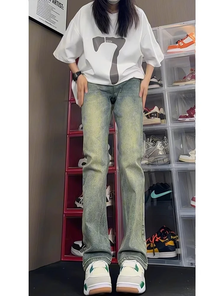 

Мужские джинсы Retro Blue Knife в американском стиле High Street: зауженные, удлиняющие ноги, прямые, слегка расклешенные брюки