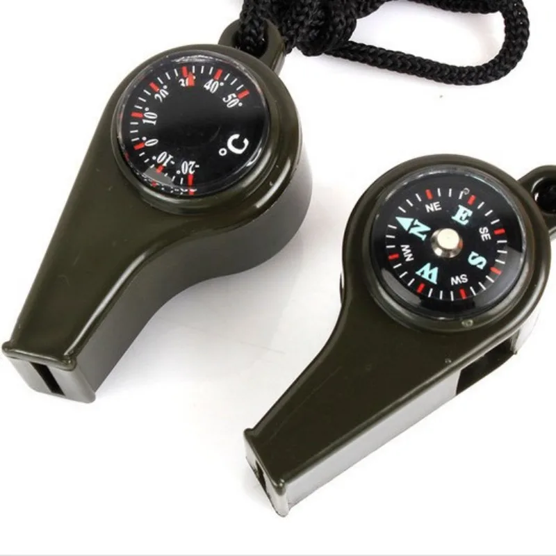 Three-in-One Wilderness Survival Whistle Multi-Function Portable Emergency Compass with Magnifying Glass and Thermometer