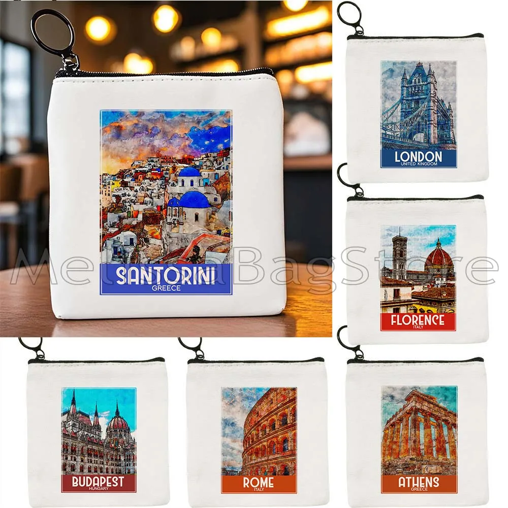 

London Pisa Kyiv Rome Santorini Athens Berlin Boston Dubai Dublin Florence Watercolor Painting Key Coin Purse Cute Bag Wallet