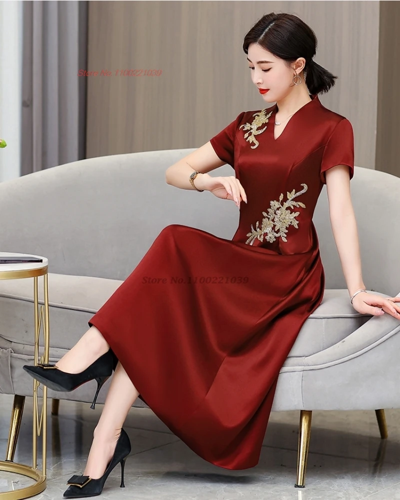 2024 vestido tradicional chino qipao flor nacional bordado boda cheongsam oriental vestido acampanado banquete noche qipao