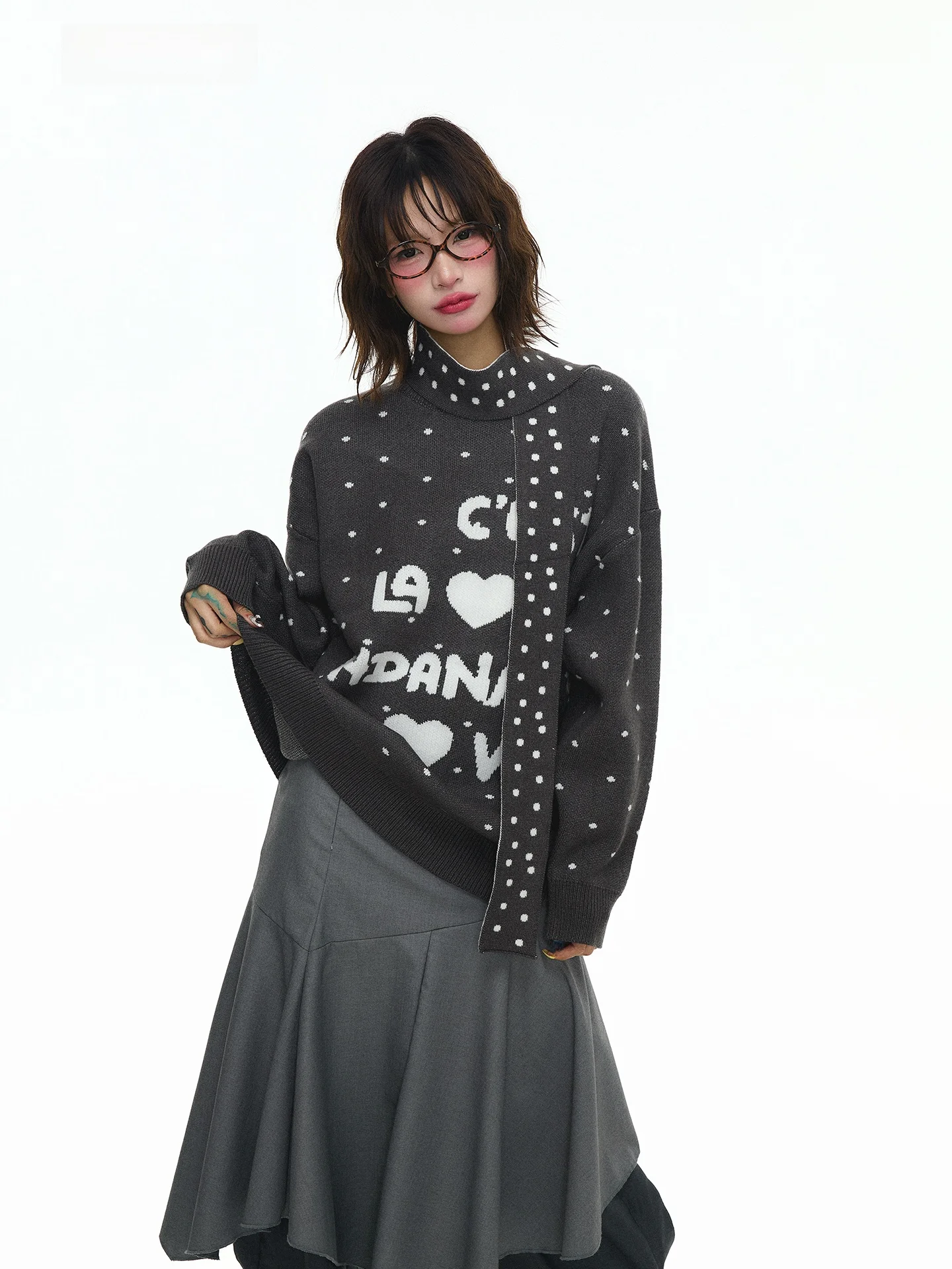 

ASTRSK Sweet Sle Heart And Polka Dot round Ne Pullover Knitwear Loose Women's Faion Casual Aosphere Long Sve Top