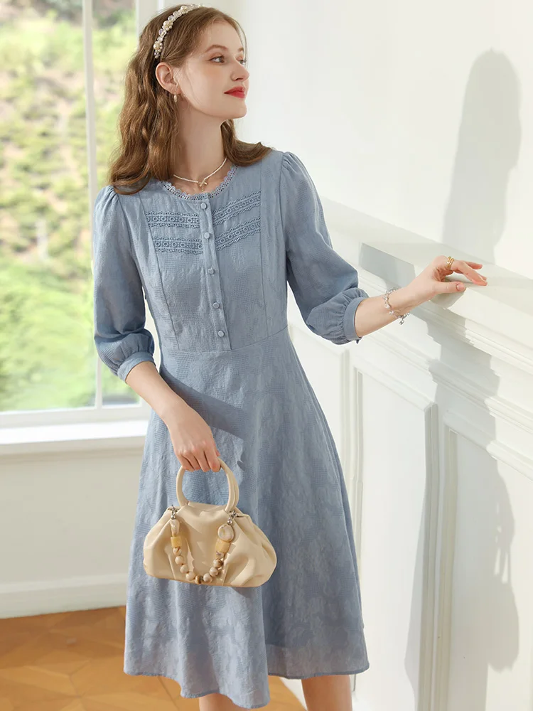 I BELIEVE YOU Blue French Dresses For Women Lace Collar Seven Lantern Sleeve Cotton 2024 Spring New A-line Lady Dress 2241095561