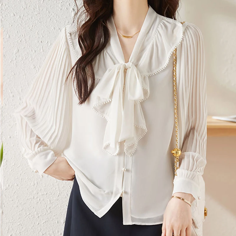 Autumn Sweet Aesthetic Chic Shirt Women Loose Casual Three Quarter Sleeve Solid Color Folds V Neck Drawstring Loose Casual Top