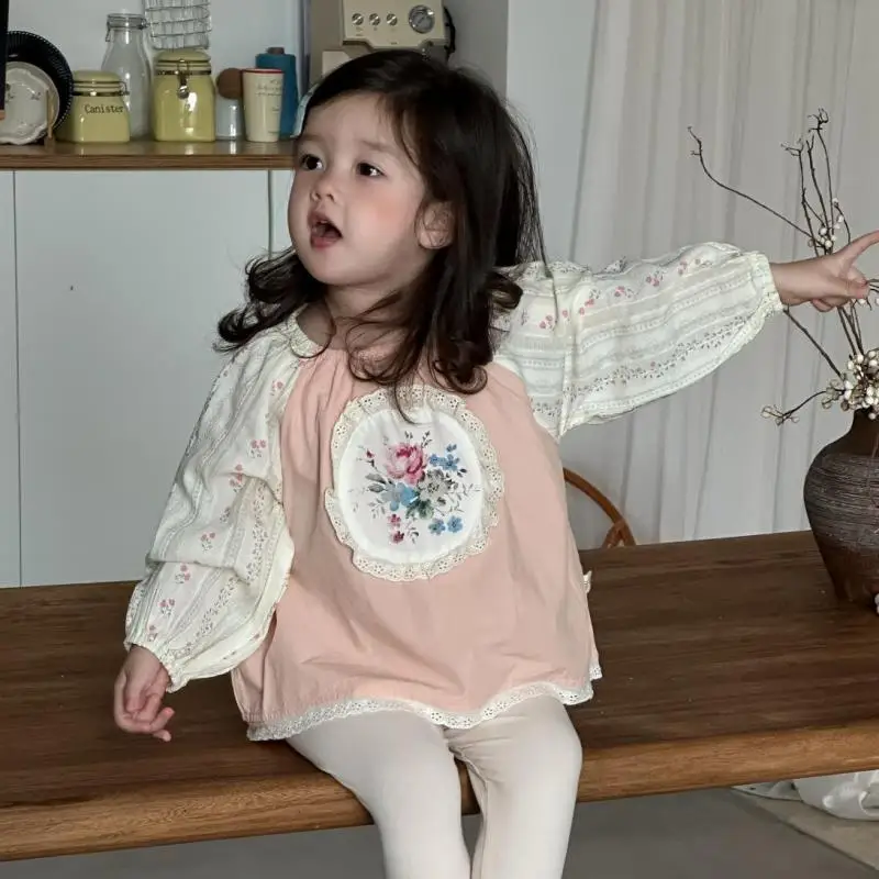 

2025 Autumn New Baby Girl Long Sleeve Floral Shirts Cotton Infant Cute Lace T Shirts Girls Loose Princess Tops Toddler Clothes