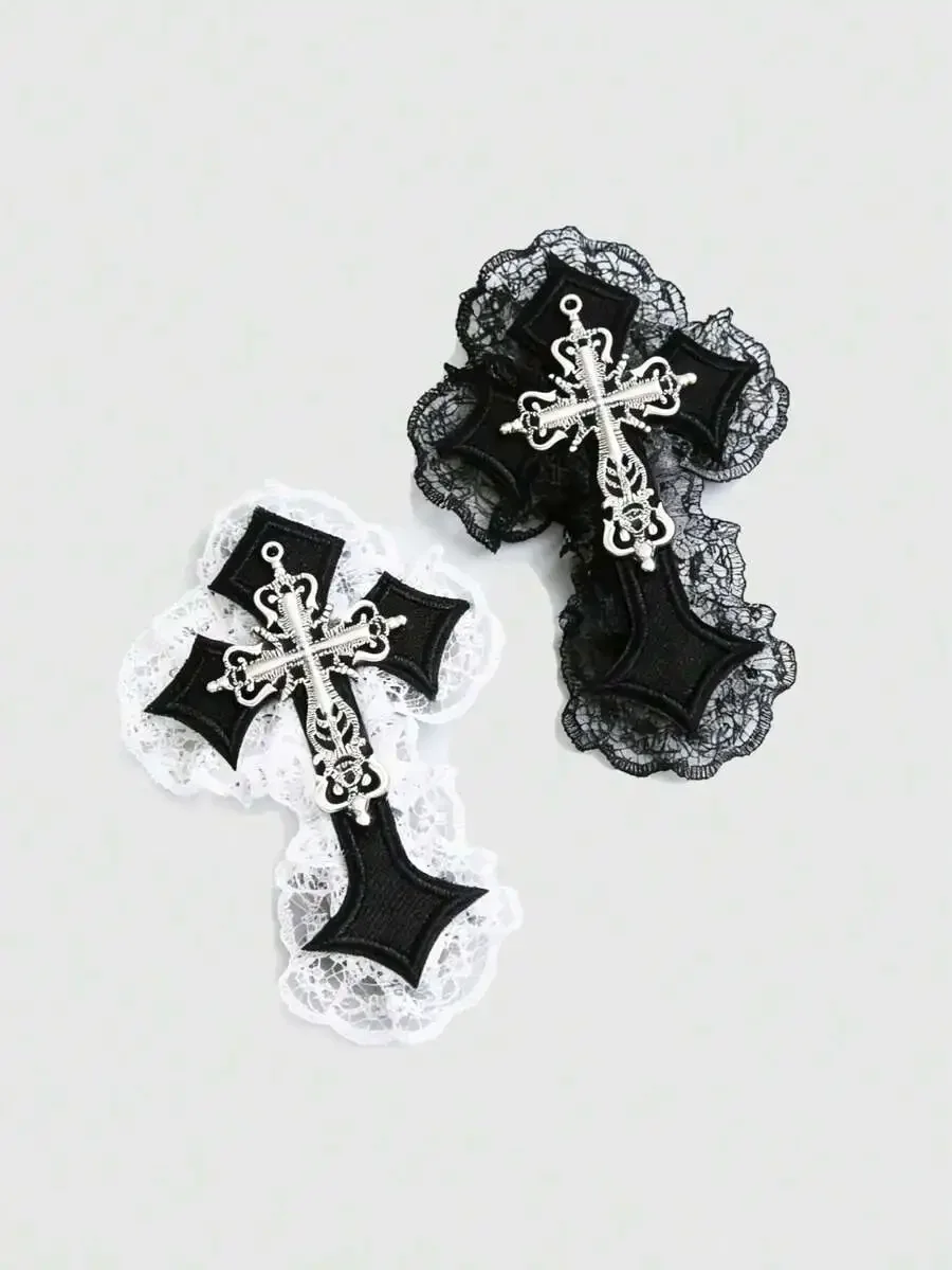 

2 Pieces Gothic Punk Cross Hair Clips With Lace, Y2K Hair Accessories For Women