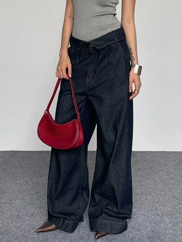 

Повседневные женские джинсы с широкими штанинами, длинные брюки, стильный дизайн, струящийся деним, джинсы с высокой талией и прямыми штанинами, синяя джинсовая ткань