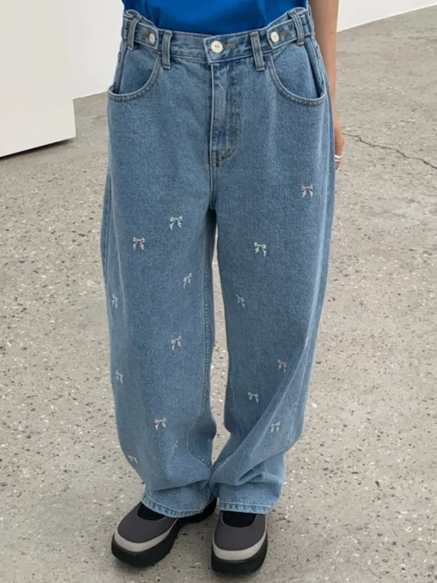 

Loose Embroidered Knot Denim Jeans Women's Faion Age-Defng Design Wide Leg Casual Pants Versatile Casual Wear