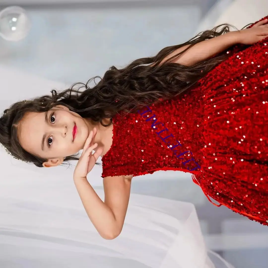 فساتين فتاة الزهور الحمراء لحفلات الزفاف ترتر طول الأرض فتاة أول مناولة للأطفال فساتين حفلات أعياد الميلاد CC حسب الطلب #1