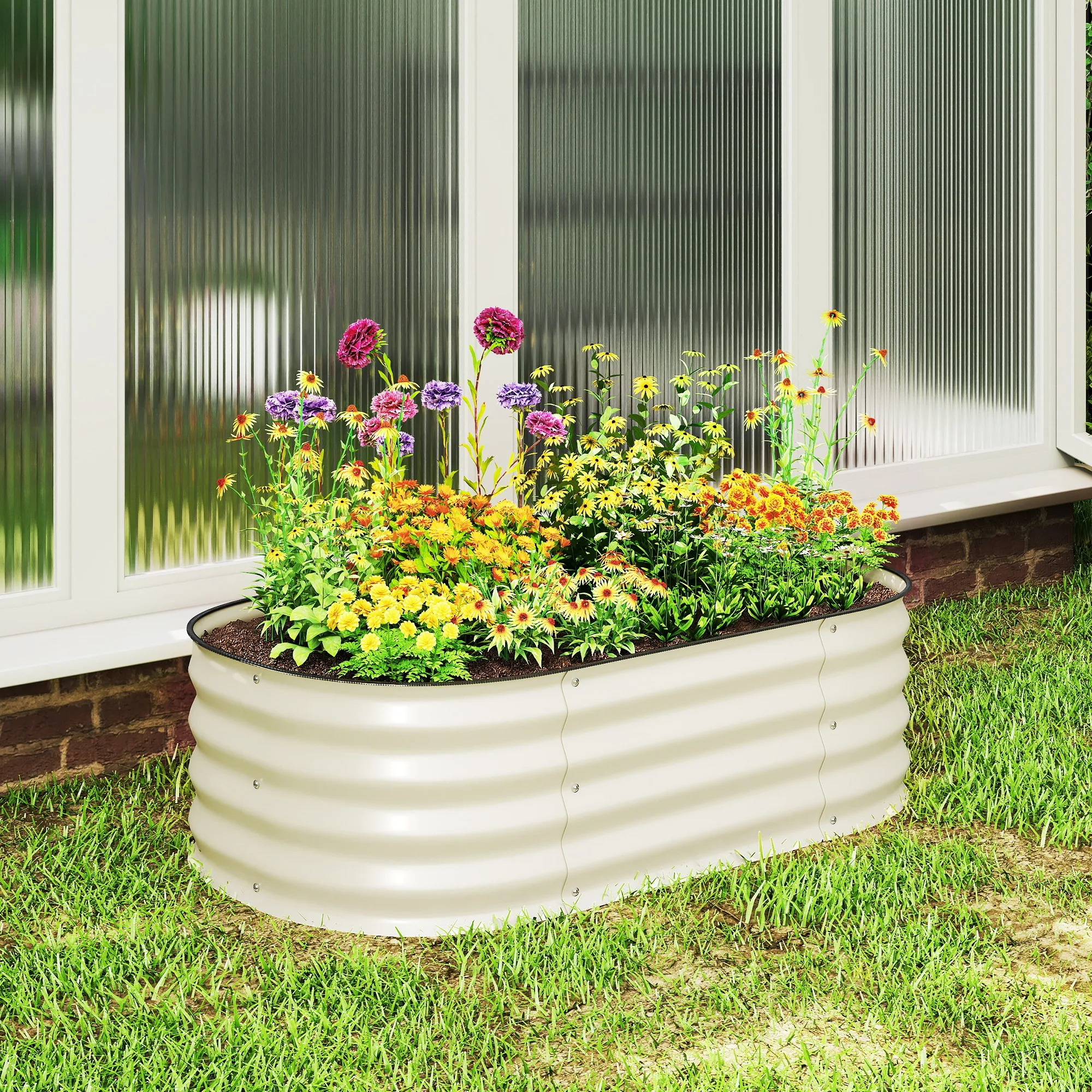 3.4' x 2' x 1' Galvanized Raised Garden Bed Kit, Metal Planter Box with Safety Edging, Cream